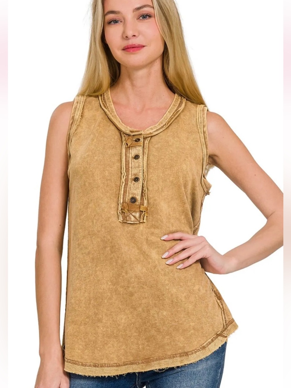 Zenana Washed Half Button Raw Edge Sleeveless Henley Tank Top Brown Small NWOT